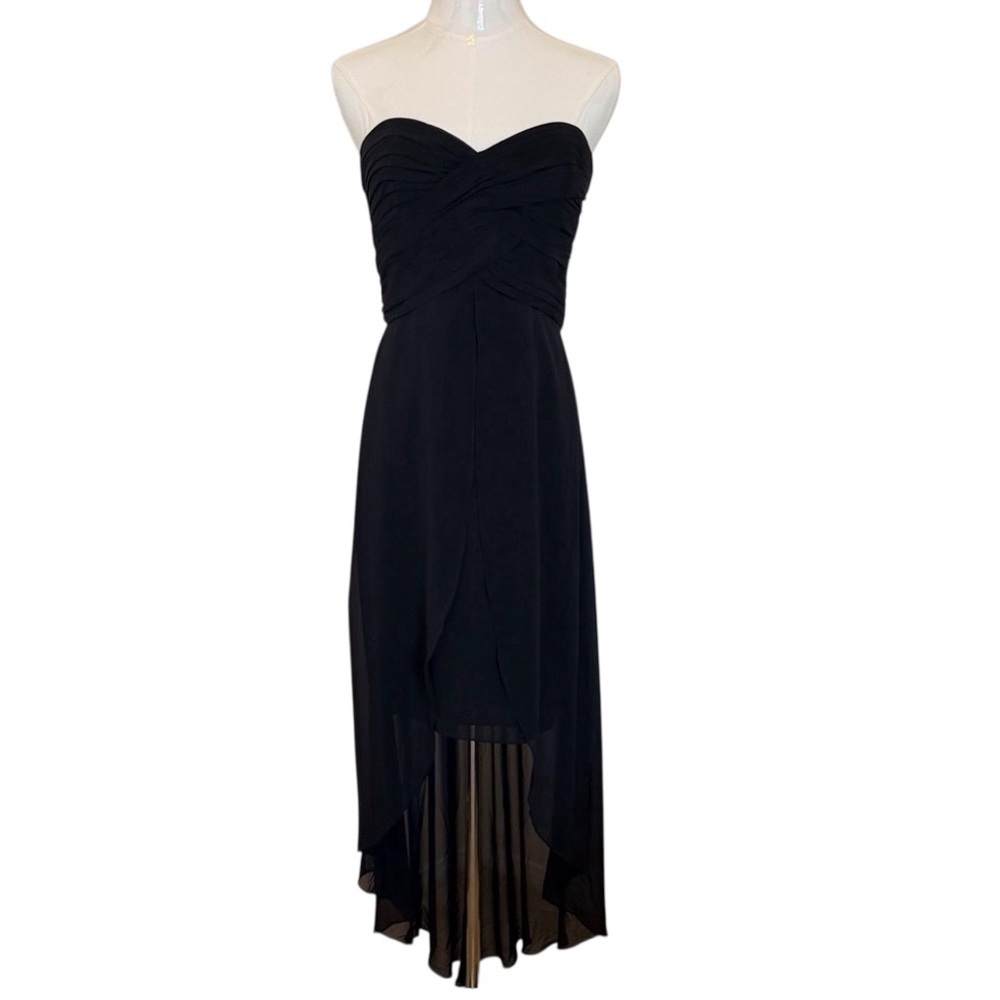 David's Bridal Black Chiffon Whimsigoth Asymmetrical Strapless Gown Size 4